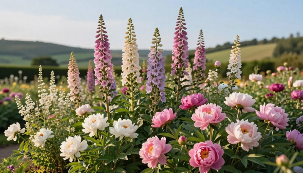 A lush garden scene depicting harmonious color compositions and varied plant heights. In the foreground, vibrant peonies in shades of pink and white are artfully arranged, surrounded by delicate greenery. The middle ground features taller plants, such as foxgloves and delphiniums in soft pastels, gently swaying in the breeze. In the background, a serene, blurred landscape of rolling hills and a clear blue sky adds depth. The lighting is warm and inviting, suggesting golden hour, casting soft shadows that enhance the textures of leaves and petals. The mood is tranquil and aesthetically pleasing, conveying a sense of balance and natural beauty in a garden setting. No text or markings present.