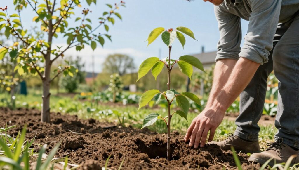 A lush garden scene depicting the planting of a cherry plum tree (śliwa wiśniowa) in a rich, fertile soil. In the foreground, a gardener, dressed in modest casual clothing, carefully digs a hole to place the young sapling, showcasing the process of planting. The middle ground features another cherry plum tree that is slightly taller, demonstrating its growth, surrounded by fresh green foliage, emphasizing the vitality of the environment. In the background, a clear blue sky with soft sunlight filters through tree branches, creating a warm and inviting atmosphere. The lighting is bright and natural, highlighting the beauty of the garden and the nurturing act of planting. The overall mood is hopeful and rejuvenating, capturing the essence of growth from the very first season.