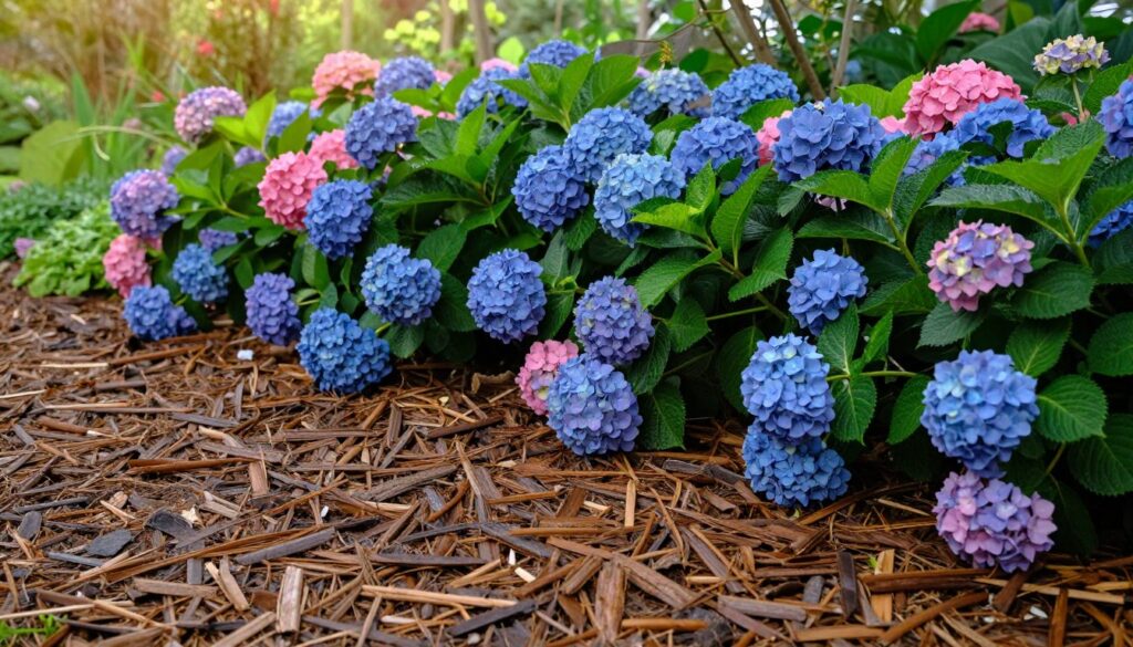 A lush garden scene featuring a vibrant patch of hydrangeas surrounded by a thick layer of "kora torf szyszki" (pine bark mulch). In the foreground, detailed textures of the mulch spread across the soil, showing its deep brown color, and earthy appearance. The middle ground highlights colorful blooming hydrangeas in various shades of blue and pink, their leaves glistening with dew, suggesting moisture retention. In the background, soft-focus greenery of other garden plants creates a serene atmosphere. The lighting is soft and natural, capturing the warm glow of morning sunlight filtering through gentle foliage. The angle is slightly elevated, giving a comprehensive view of the hydrangea bed and mulch layer, conveying a feeling of tranquility and harmony.