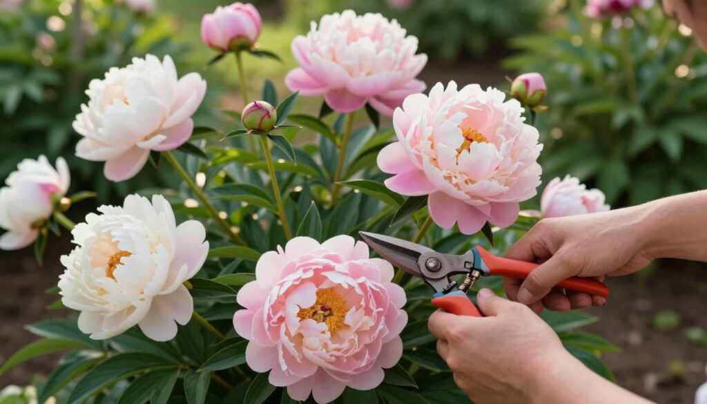 A lush garden scene featuring blooming peonies in various shades of pink and white, showcasing their intricate, layered petals. In the foreground, a pair of gardener's hands gently trimming the faded blooms with pruners, symbolizing the care needed for these flowers post-bloom. The middle ground contains several healthy peony plants, some with budding flowers, indicating future growth. Soft, dappled sunlight filters through the leaves overhead, creating a warm and inviting atmosphere. In the background, blurred green foliage enhances the focus on the peonies and the gardening action. The angle is slightly elevated, providing a clear view of the trimming process while capturing the beauty of the flowers. The overall mood is serene and nurturing, perfect for illustrating plant care.