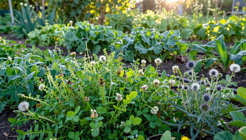 A lush garden scene filled with various types of vibrant green weeds, illustrating their dominance in the landscape. In the foreground, a cluster of different weeds such as dandelions, clover, and thistles, showing intricate details like flower buds and leaves. The middle ground features a struggling vegetable patch, with visibly wilted plants overshadowed by the aggressive growth of weeds. In the background, soft sunlight filters through a canopy of leaves, creating a warm, inviting atmosphere. The lighting is natural, capturing the early morning dew on the weeds. The scene conveys a sense of inevitability, as weeds compete for water and nutrients, depicting their resilience and adaptability in a garden environment. A lush garden scene filled with various types of vibrant green weeds, illustrating their dominance in the landscape. In the foreground, a cluster of different weeds such as dandelions, clover, and thistles, showing intricate details like flower buds and leaves. The middle ground features a struggling vegetable patch, with visibly wilted plants overshadowed by the aggressive growth of weeds. In the background, soft sunlight filters through a canopy of leaves, creating a warm, inviting atmosphere. The lighting is natural, capturing the early morning dew on the weeds. The scene conveys a sense of inevitability, as weeds compete for water and nutrients, depicting their resilience and adaptability in a garden environment.