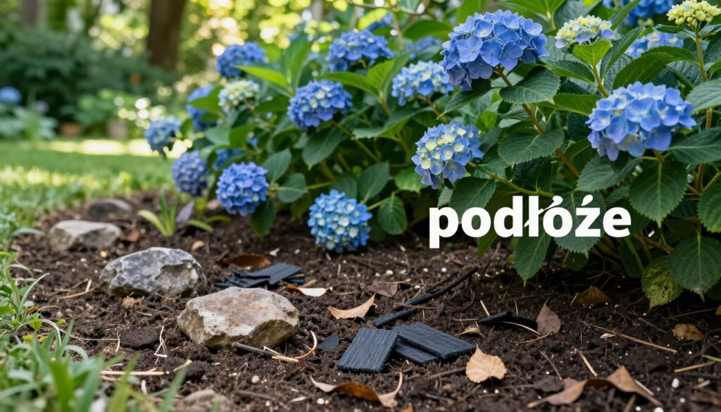 A lush garden scene focusing on the ground layer ("podłoże") surrounding hydrangeas, showcasing various materials to avoid for maintaining soil moisture without harming the plants. In the foreground, a rich, dark soil with a variety of unwanted materials like large stones, synthetic mulch, and dried leaves that appear to hinder moisture retention. In the middle ground, healthy hydrangea bushes with vibrant blooms, contrasting with the detrimental ground materials. The background features a softly blurred garden with dappled sunlight filtering through lush green foliage, creating a serene atmosphere. Soft, natural lighting enhances the textures and colors, captured from a low angle to emphasize the ground detail, evoking an informative and cautionary mood about gardening mistakes.
