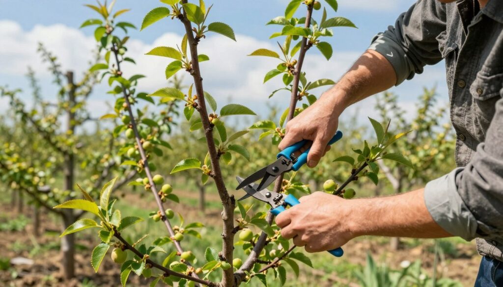 A lush orchard scene depicting a skilled gardener meticulously pruning young plum trees in the early spring. In the foreground, focus on the gardener, wearing modest casual clothing, with pruners in hand, gently cutting branches to shape the trees. The middle ground showcases several young plum trees filled with vibrant green leaves and small budding fruit, with careful cuts visible on the branches. The background features a bright blue sky and soft white clouds, suggesting a warm, sunny day. The lighting is natural and bright, casting gentle shadows and enhancing the overall freshness of the scene. The atmosphere is serene and focused, capturing the essence of nurturing and cultivating healthy plum trees.