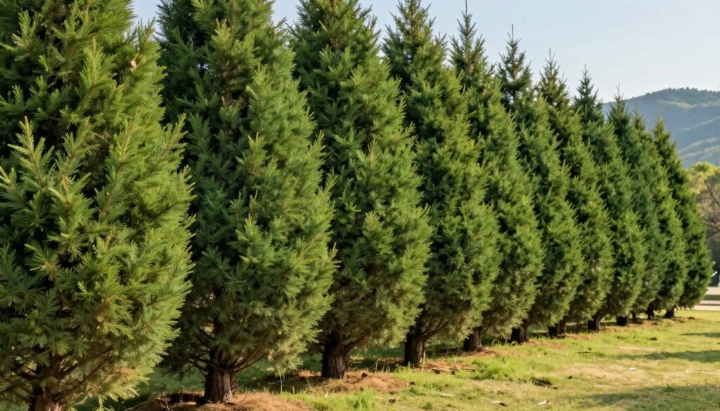 A lush, well-maintained single row of dense spruce trees forming a natural living fence, showcasing a uniform height and vibrant green foliage. The foreground features the tree line clearly defined against a soft grass lawn, while the middle ground reveals the sturdy trunks with rich textures and details of the bark. In the background, a gentle landscape with rolling hills and a clear blue sky enhances the serene atmosphere. Soft, warm sunlight filters through the branches, casting gentle shadows on the ground below, creating a peaceful, inviting scene. The perspective is slightly angled to highlight the depth and uniformity of the row of trees, capturing the essence of a crafted, aesthetic garden space.