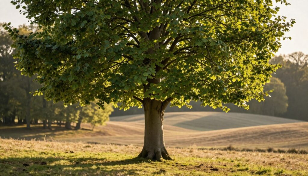 A majestic common beech tree (Fagus sylvatica) stands prominently in the foreground, showcasing its smooth, grey bark and dense, vibrant green foliage. The leaves are oval and glossy, casting intricate shadows on the ground. In the middle ground, a serene landscape unfolds with gentle rolling hills, allowing the tree to dominate the scene. The background features a soft, blurred forest, where other trees like hornbeams can be subtly distinguished, enhancing the focus on the beech. The image is bathed in warm, golden sunlight, casting a tranquil glow, suggesting early morning or late afternoon. A shallow depth of field emphasizes the beech tree’s grandeur against a painterly backdrop of earthy tones, creating a calm, reflective atmosphere. A majestic common beech tree (Fagus sylvatica) stands prominently in the foreground, showcasing its smooth, grey bark and dense, vibrant green foliage. The leaves are oval and glossy, casting intricate shadows on the ground. In the middle ground, a serene landscape unfolds with gentle rolling hills, allowing the tree to dominate the scene. The background features a soft, blurred forest, where other trees like hornbeams can be subtly distinguished, enhancing the focus on the beech. The image is bathed in warm, golden sunlight, casting a tranquil glow, suggesting early morning or late afternoon. A shallow depth of field emphasizes the beech tree’s grandeur against a painterly backdrop of earthy tones, creating a calm, reflective atmosphere.