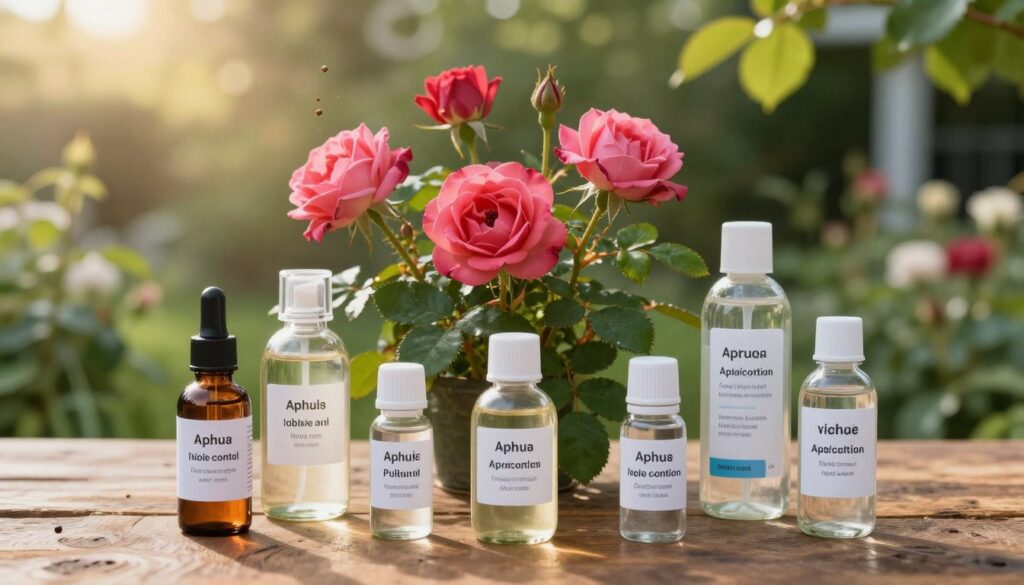 A meticulously arranged selection of effective aphid control methods for rose plants, displayed on a rustic wooden table. In the foreground, various natural and chemical solutions are showcased in clear glass bottles, labeled with their benefits. The middle ground features a vibrant rose bush, healthy and flourishing, contrasting with a few visible aphids to illustrate the problem. In the background, a serene garden scene with soft sunlight filtering through leaves creates a tranquil atmosphere. The lighting is warm and inviting, highlighting the textures of the bottles and the rich colors of the roses. The image evokes a sense of hope and efficacy, emphasizing the juxtaposition between natural beauty and pest management.