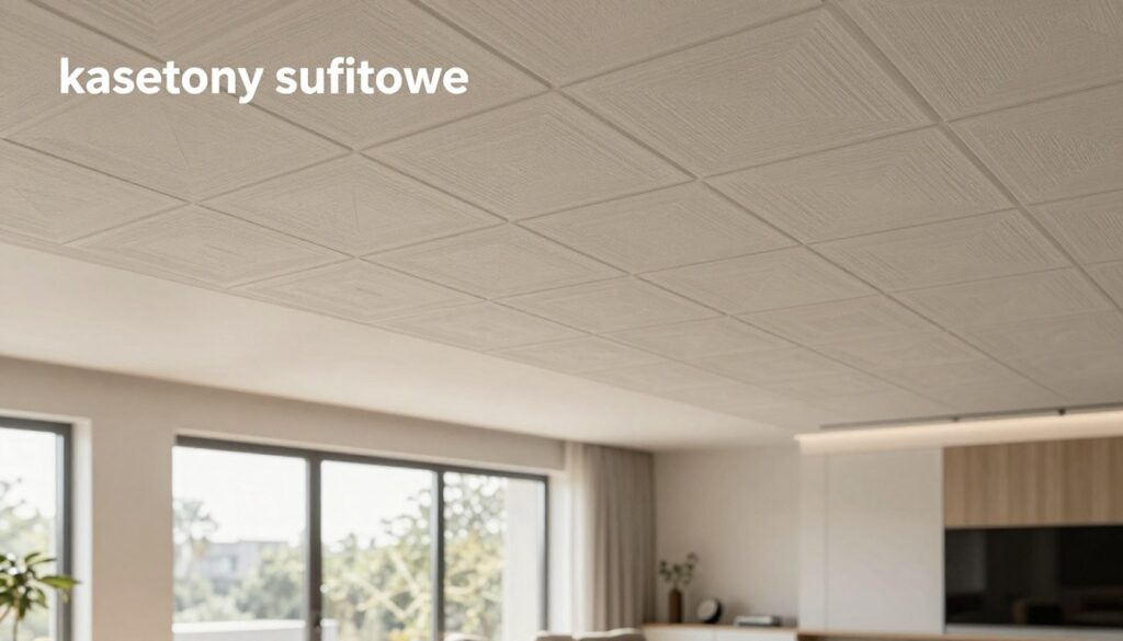 A modern interior scene featuring a sophisticated ceiling design with "kasetony sufitowe" (ceiling tiles) that showcase geometric patterns and textures. The foreground focuses on well-defined, stylish ceiling tiles with a subtle matte finish, integrating seamlessly with the room's overall decor. The middle section depicts a spacious living area filled with natural light from large windows, emphasizing the aesthetic appeal of the ceiling tiles. The background includes soft, neutral-colored walls and minimalist furniture, enhancing the room's modern feel. The scene is captured in bright, inviting daylight, highlighting the textures of the ceiling tiles and creating a warm and welcoming atmosphere. The angle is slightly below the eye level, aiming up at the ceiling, drawing attention to the innovative design while maintaining a clean and professional look. A modern interior scene featuring a sophisticated ceiling design with "kasetony sufitowe" (ceiling tiles) that showcase geometric patterns and textures. The foreground focuses on well-defined, stylish ceiling tiles with a subtle matte finish, integrating seamlessly with the room's overall decor. The middle section depicts a spacious living area filled with natural light from large windows, emphasizing the aesthetic appeal of the ceiling tiles. The background includes soft, neutral-colored walls and minimalist furniture, enhancing the room's modern feel. The scene is captured in bright, inviting daylight, highlighting the textures of the ceiling tiles and creating a warm and welcoming atmosphere. The angle is slightly below the eye level, aiming up at the ceiling, drawing attention to the innovative design while maintaining a clean and professional look.