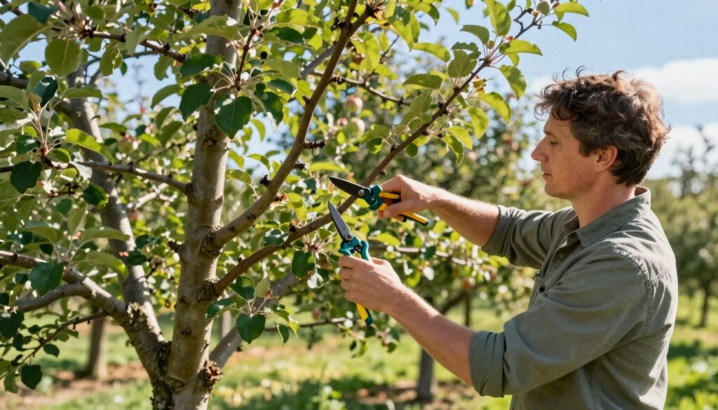 A peaceful garden scene showcasing an expert gardener, dressed in modest casual clothing, carefully pruning an old apple tree. The foreground features the gardener with pruning shears, strategically selecting branches for trimming. In the middle ground, the apple tree displays a mix of healthy green leaves and some withered branches, emphasizing the pruning process. The background includes a sunlit backdrop of a serene orchard with soft sunlight filtering through the leaves, casting gentle shadows. The atmosphere is calm and focused, highlighting the detail in the act of rejuvenating the tree, with a clear blue sky enhancing the tranquil setting. The composition should evoke a sense of care and expertise in horticulture.