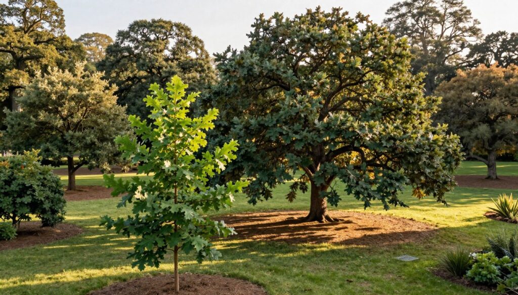 A picturesque garden scene featuring various species and varieties of oak trees, showcasing their distinctive leaves, bark textures, and shapes. In the foreground, a young oak sapling stands vibrant and green, illustrating its growth potential. In the middle ground, a more mature oak presents a fuller canopy, casting dappled sunlight on the ground below. The background features a serene landscape with clusters of different oak varieties, creating a diverse and lush atmosphere. The setting is illuminated by soft, golden sunlight, enhancing the natural colors and creating a warm, inviting mood. The composition is captured from a slightly elevated angle, providing a comprehensive view of the oak diversity, promoting a sense of tranquility and growth.