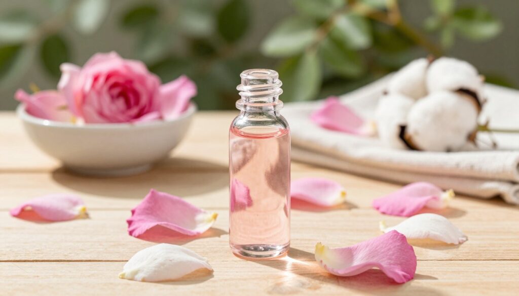 A serene and elegant scene featuring a glass bottle of rose water in the foreground, glistening in the sunlight, surrounded by delicate rose petals in various shades of pink and white. The middle ground includes a simple wooden table adorned with a small bowl of fresh rose petals and a cotton cloth, hinting at DIY beauty treatments. Soft, natural lighting creates a warm and inviting atmosphere while maintaining a freshness that complements the essence of rose water. In the background, blurred greenery suggests a peaceful garden setting, enhancing the tranquil mood. The overall composition should evoke a sense of relaxation and self-care, perfect for illustrating beauty and wellness practices.