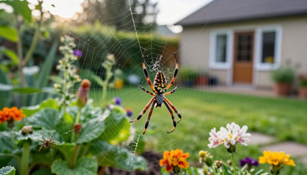 A serene and naturalistic scene showcasing the beneficial presence of spiders in a home and garden setting. In the foreground, a large garden spider elegantly weaves its intricate web between vibrant flowers, capturing morning dew. The middle ground features blooming plants and vegetables, with a couple of harmless spiders visible, subtly illustrating their role in pest control. In the background, a sunlit garden reveals lush greenery and a cozy home, evoking a sense of harmony with nature. The lighting is soft, emphasizing the calm, tranquil atmosphere of a well-tended garden. Use a macro lens effect to highlight the details of the spider's web and the delicate flowers, creating an inviting and informative portrayal of spiders' importance in our environment. A serene and naturalistic scene showcasing the beneficial presence of spiders in a home and garden setting. In the foreground, a large garden spider elegantly weaves its intricate web between vibrant flowers, capturing morning dew. The middle ground features blooming plants and vegetables, with a couple of harmless spiders visible, subtly illustrating their role in pest control. In the background, a sunlit garden reveals lush greenery and a cozy home, evoking a sense of harmony with nature. The lighting is soft, emphasizing the calm, tranquil atmosphere of a well-tended garden. Use a macro lens effect to highlight the details of the spider's web and the delicate flowers, creating an inviting and informative portrayal of spiders' importance in our environment.