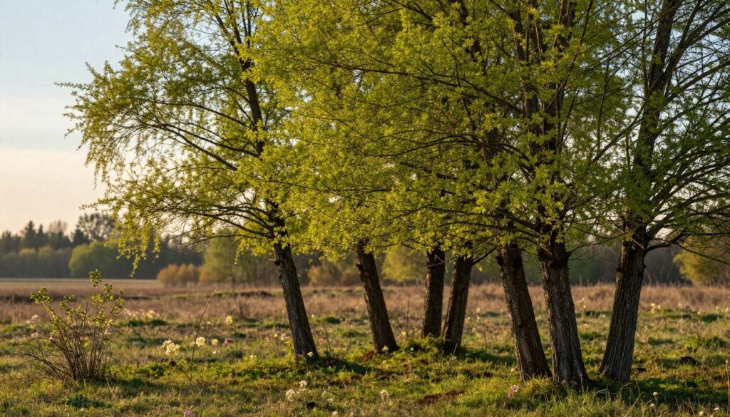 A serene early spring landscape showcasing newly budding larches with a focus on their pruned trunks. In the foreground, the elegant, structured silhouettes of larch trees reveal their dense, aesthetic crowns. The middle ground features a grassy meadow dotted with wildflowers and small shrubs awakening from winter, their colors beginning to bloom. In the background, a soft, hazy blue sky hints at a gentle sunrise, casting a warm golden light over the scene, accentuating the vibrant green of the foliage. The atmosphere is calm and rejuvenating, embodying the essence of spring. A shallow depth of field keeps the focus on the trees, while the surrounding landscape softly fades, inviting viewers into this tranquil moment in nature.