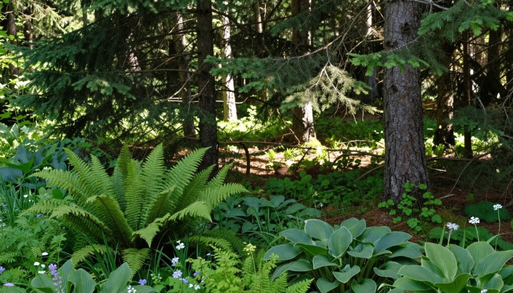 A serene forest scene featuring lush green ground cover plants thriving in the shade beneath towering spruce trees. In the foreground, include vibrant ferns, shade-loving hostas, and delicate wildflowers, all showcasing rich greens and subtle color accents. The middle ground should highlight the textured bark of the spruces and dappled sunlight filtering through the branches, creating a play of light and shadow on the forest floor. In the background, a soft focus of more spruce trees creates a sense of depth. The overall mood is tranquil and refreshing, evoking a healthy, thriving ecosystem. The lighting is soft and diffuse, reminiscent of early morning or late afternoon light, emphasizing the beauty of shaded areas in the woodland. The composition is well-balanced, inviting the viewer to appreciate the natural beauty of these plants in a peaceful setting.
