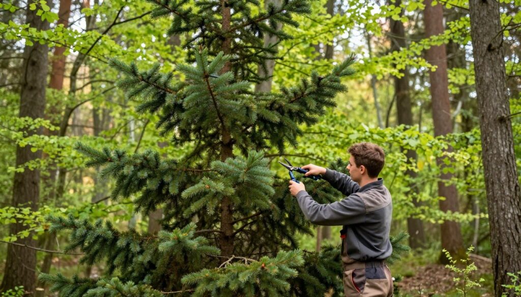 A serene forest scene in Poland during late spring, showcasing a majestic spruce tree being pruned by a professional gardener dressed in modest, professional work attire. The foreground features the gardener, carefully using pruning shears on the lush branches of the spruce, ensuring minimal injury to the tree. In the middle ground, vibrant green foliage surrounds the tree, indicating a healthy environment. The background reveals a soft-focused view of other trees and dappled sunlight filtering through the leaves, creating a warm and inviting atmosphere. The lighting is soft and natural, evoking a calm mood, while the angle is slightly elevated, allowing for a clear view of the pruning action and the beauty of the surrounding wilderness.