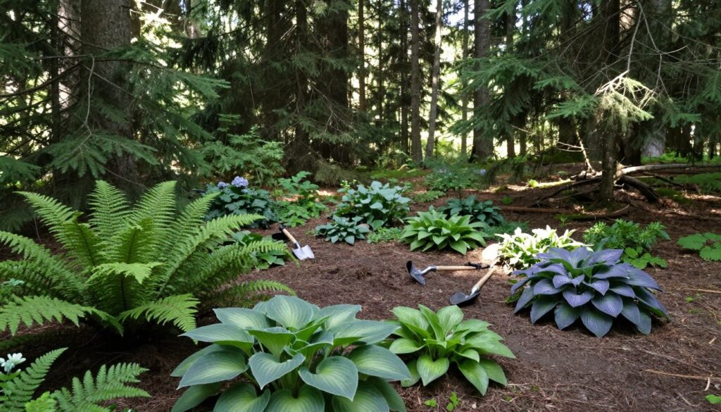 A serene forest scene under tall, green spruces, depicting a shaded area suitable for planting. In the foreground, lush ground cover plants like ferns and shade-tolerant flowers such as hostas, blooming in various shades of green and subtle purple. The middle ground features small garden tools, suggesting preparation for planting, placed neatly on soft, brown earth. In the background, towering spruces create a dappled light effect, with soft sunlight filtering through the branches, casting gentle shadows on the ground. The angle captures a slight upward perspective, emphasizing the height of the trees. The mood is tranquil and inviting, conveying a sense of harmony between the plants and the environment.