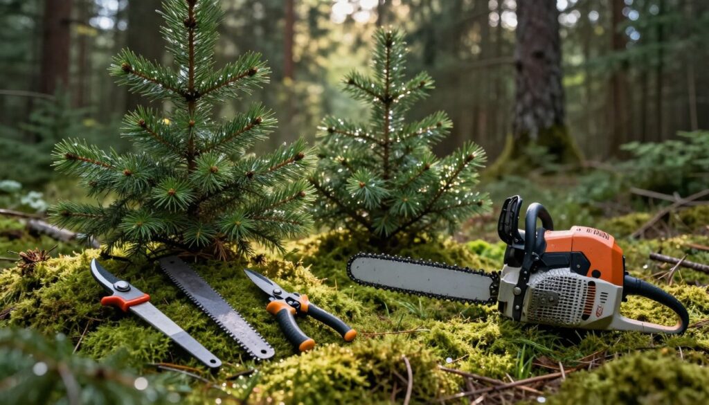 A serene forest setting featuring essential tools for cutting spruce trees, including a set of clean, sharp pruning saws, handheld shears, and a professional-grade chainsaw, neatly arranged on soft green moss. In the foreground, the tools shine with a fresh dew, showcasing their metallic surfaces under dappled sunlight filtering through the pine canopy above. The middle ground displays several healthy spruce trees, illustrating the proper structure for crown density. The background fades into a blurred, lush forest, adding depth. The atmosphere is calm and focused, hinting at an organized work environment. Capture this scene with a soft focus lens effect to enhance the tranquility and professionalism of the setting.