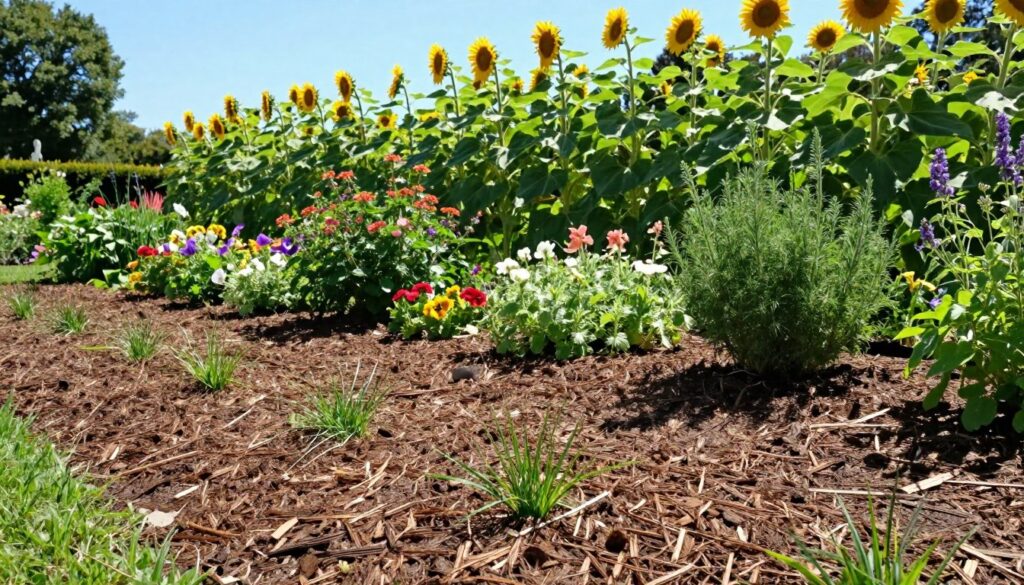 A serene garden scene at midday, showcasing a mixture of freshly laid mulch and vibrant green plants, illustrating the concept of light blockage to prevent weed growth. In the foreground, rich brown mulch covers the soil, with small tufts of grass peeking through. The middle ground features a variety of colorful flowers and ornamental plants, casting subtle shadows on the mulch. In the background, tall sunflowers stretch towards the clear blue sky, their leaves creating a backdrop that emphasizes the importance of light restriction. The bright sunlight filters through the greenery, highlighting the tranquility of a well-maintained garden. The atmosphere is calm and inviting, evoking a sense of natural beauty and order. A serene garden scene at midday, showcasing a mixture of freshly laid mulch and vibrant green plants, illustrating the concept of light blockage to prevent weed growth. In the foreground, rich brown mulch covers the soil, with small tufts of grass peeking through. The middle ground features a variety of colorful flowers and ornamental plants, casting subtle shadows on the mulch. In the background, tall sunflowers stretch towards the clear blue sky, their leaves creating a backdrop that emphasizes the importance of light restriction. The bright sunlight filters through the greenery, highlighting the tranquility of a well-maintained garden. The atmosphere is calm and inviting, evoking a sense of natural beauty and order.