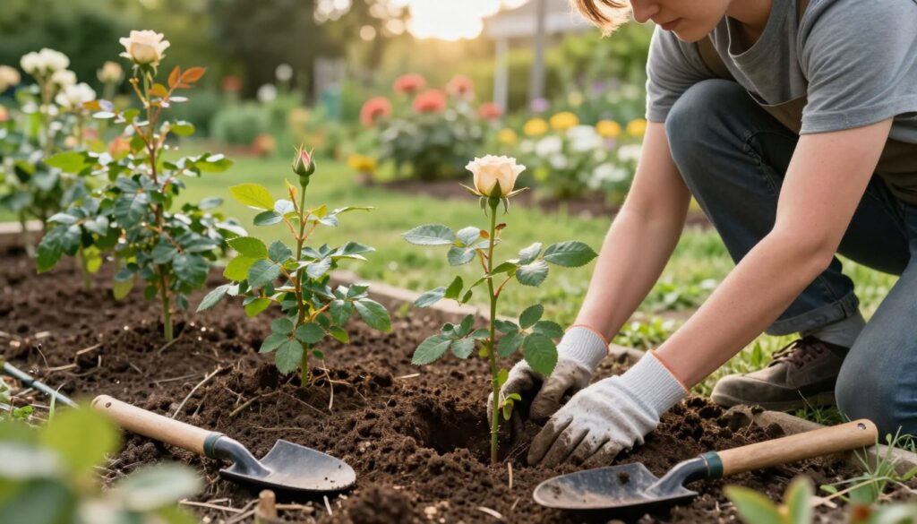 A serene garden scene depicting a gardener planting rose bushes in rich, dark soil. In the foreground, a person dressed in modest casual clothing is carefully digging a hole for a rose sapling, surrounded by gardening tools like a spade and gloves. Their focused expression reflects the care taken in this process. The middle ground features a variety of rose saplings, some already planted, showcasing vibrant green leaves and delicate buds. The background includes a lush garden filled with other flowering plants, with soft sunlight filtering through trees, casting gentle shadows. The atmosphere is peaceful and nurturing, evoking a sense of growth and care, captured with a soft focus to highlight the beauty of the horticultural work.