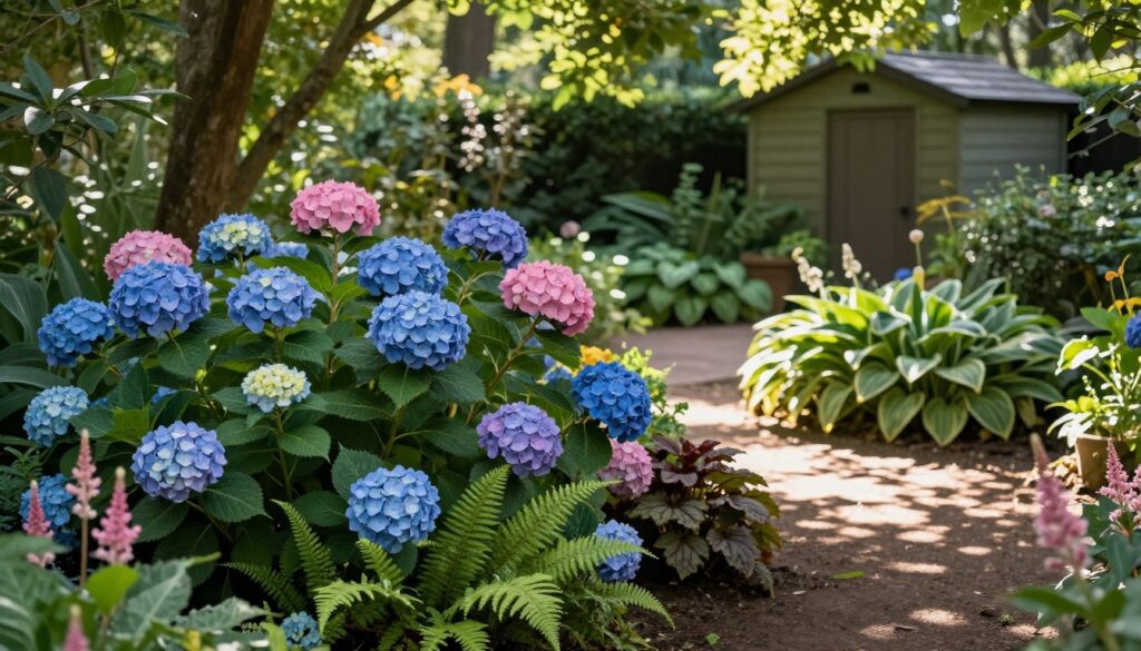 A serene garden scene depicting a lush hydrangea bush surrounded by complementary plants suited for shaded areas with slightly acidic soil. In the foreground, vibrant blue and pink hydrangeas bloom, their large, rounded clusters contrasting with delicate ferns and colorful astilbes at their base. The middle ground features a softly lit path winding through the garden, lined with hostas and heucheras that add texture and depth. Dappled sunlight filters through the leaves of nearby trees, creating a tranquil, inviting atmosphere. The background includes a blurred view of a cozy garden shed, with gentle hues of green and brown enhancing the lushness of the scene. Capture the soft, natural light of a late afternoon, evoking a calm and peaceful mood.