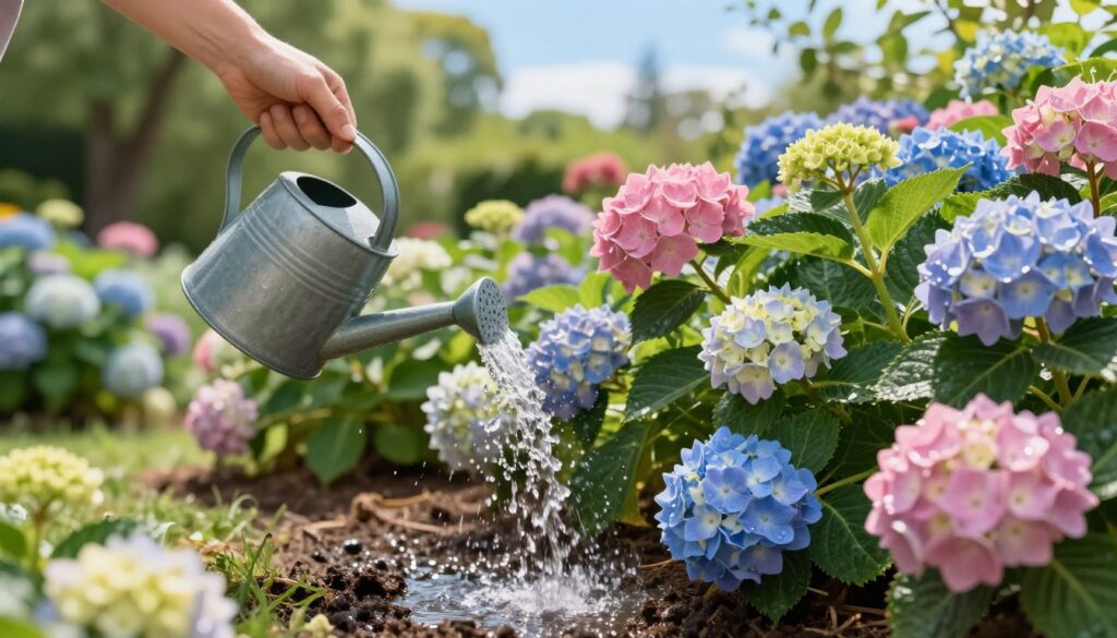 A serene garden scene featuring a gardener gently watering blooming hydrangeas, showcasing their vibrant colors of pink, blue, and white. In the foreground, a watering can tilts, pouring water onto the rich, moist soil around the base of the flowers. The middle ground reveals the lush foliage of hydrangeas in full bloom, with droplets of water glistening on the petals. In the background, a sunny garden setting is enhanced by softly blurred green trees and a clear blue sky, creating a warm, inviting atmosphere. The light is bright and natural, capturing the beauty of the day. The overall mood is peaceful and nurturing, emphasizing proper watering techniques for healthy hydrangeas.
