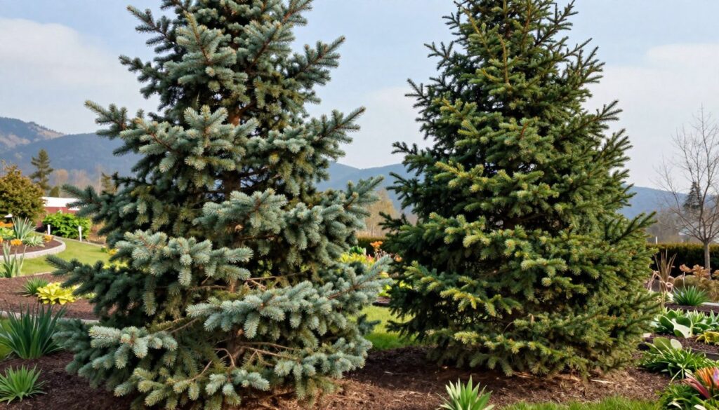 A serene garden scene featuring a healthy, resilient spruce and fir tree side by side. In the foreground, the spruce tree displays its thick, green needles and sturdy branches, demonstrating its adaptability to cold and dry conditions. The fir tree, slightly taller, showcases a lush, full canopy, with soft, vibrant needles that reflect the sunlight. In the middle ground, a gentle slope leads to the trees, adorned with a diverse array of garden plants and rich, dark soil, indicating a well-maintained landscape. The background reveals a soft focus of distant mountains under a bright blue sky, suggesting a crisp, cool atmosphere. The overall mood is one of tranquility and resilience, highlighting the endurance of these trees in Polish climatic conditions. Use soft, natural lighting to enhance the colors and textures of the foliage, captured from a slightly elevated angle for depth.