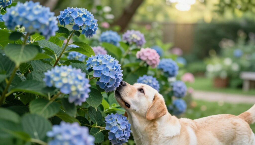 A serene garden scene featuring a playful dog, a friendly Labrador Retriever, sniffing around vibrant blue and pink hydrangeas in full bloom. The foreground showcases the dog's curious expression as it interacts with the flowers, embodying innocence. In the middle ground, lush green foliage complements the hydrangeas, creating a harmonious atmosphere. The background includes a softly blurred garden landscape with sunlight filtering through leaves, casting gentle dapples of light. The overall mood is tranquil and inviting, highlighting the beauty of nature while subtly raising awareness of the plants. Capture this in a natural setting with soft, warm lighting to enhance the peacefulness of the scene. A serene garden scene featuring a playful dog, a friendly Labrador Retriever, sniffing around vibrant blue and pink hydrangeas in full bloom. The foreground showcases the dog's curious expression as it interacts with the flowers, embodying innocence. In the middle ground, lush green foliage complements the hydrangeas, creating a harmonious atmosphere. The background includes a softly blurred garden landscape with sunlight filtering through leaves, casting gentle dapples of light. The overall mood is tranquil and inviting, highlighting the beauty of nature while subtly raising awareness of the plants. Capture this in a natural setting with soft, warm lighting to enhance the peacefulness of the scene.