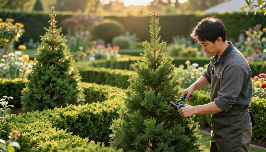 A serene garden scene featuring a professional gardener carefully shaping a spruce tree, with lush, vibrant greenery surrounding him. In the foreground, the gardener is using pruning shears to trim the branches, demonstrating precise techniques for a well-structured crown. The middle ground showcases a well-groomed hedge of spruce trees and a solitary spruce, illustrating different growth styles. The background reveals a soft-focus garden landscape with flowerbeds and sun-dappled foliage, under a warm golden hour light that casts gentle shadows. The atmosphere is calm and focused, emphasizing meticulous gardening practices in a beautiful, manicured environment.