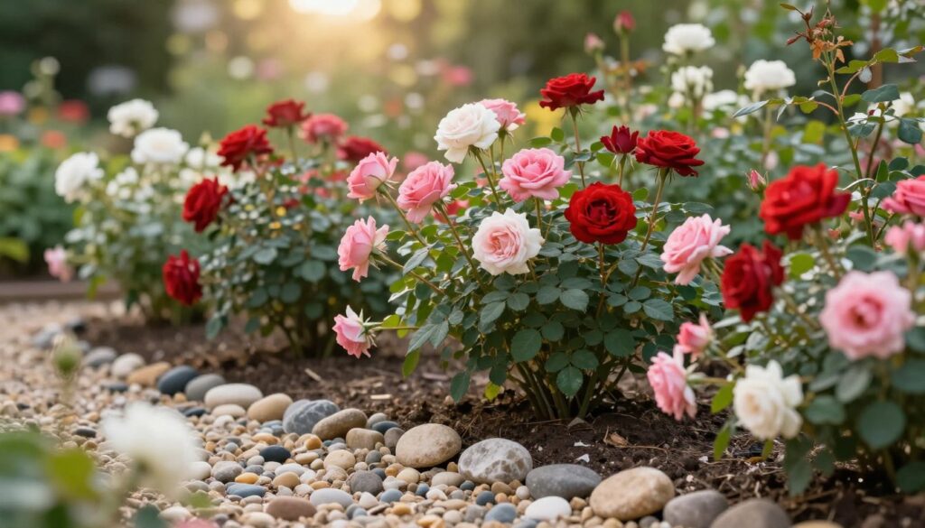 A serene garden scene featuring a variety of vibrant roses in full bloom, showcasing rich reds, pinks, and whites. In the foreground, pebbles and small stones are delicately scattered around the base of the bushes, highlighting an attempt to use them for decoration. The middle ground displays healthy rose stems with lush green leaves, demonstrating vibrancy and vitality. In the background, a soft-focus view of a sunny garden with gentle light filtering through the leaves, creating a warm, inviting atmosphere. The angle captures a slightly elevated view, emphasizing the relationship between the roses and the gravel. The overall mood is peaceful and reflective, perfect for a discussion about gardening techniques and the well-being of plants.
