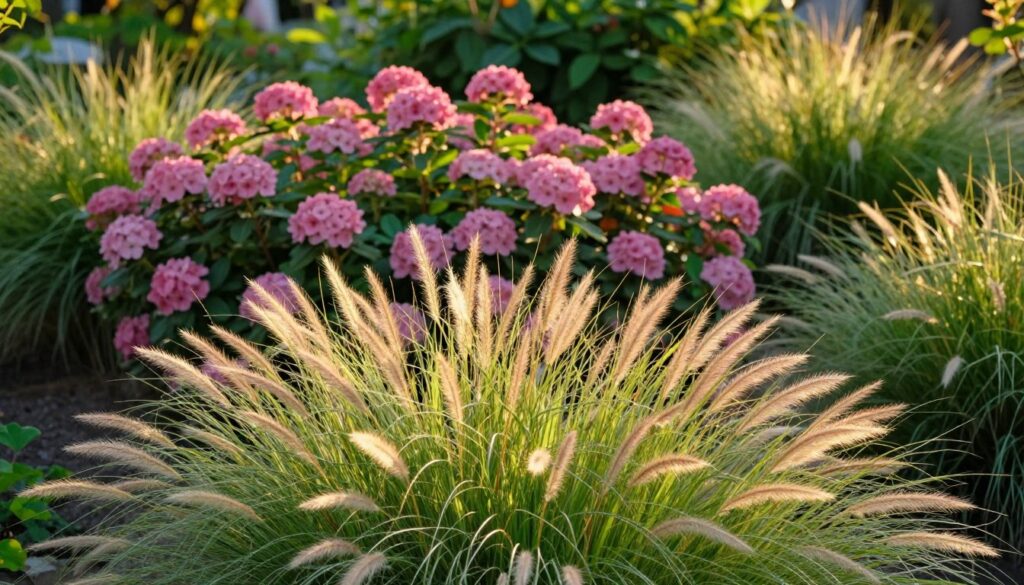 A serene garden scene featuring ornamental grasses surrounding vibrant Japanese spireas. In the foreground, delicate tufts of feather grass sway gracefully in the gentle breeze, their light green and golden hues catching the sunlight. In the middle ground, lush spirea plants display clusters of pink flowers, contrasting beautifully with the ornamental grasses. The background features a soft-focus of deeper green foliage, creating a sense of depth. The lighting is warm and golden, typical of late afternoon sun, enhancing the colors and casting soft shadows among the plants. The atmosphere is tranquil and inviting, evoking a sense of natural beauty and effortless elegance, perfect for a low-maintenance garden design.