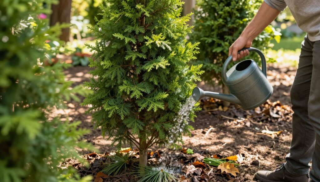 A serene garden scene focused on the care of a larch tree during its maintenance. In the foreground, a person dressed in modest casual clothing is gently watering the larch tree with a watering can, showcasing the importance of proper hydration. The middle ground features healthy, vibrant green leaves and a few scattered needles on the ground, indicating seasonal shedding. In the background, soft sunlight filters through the trees, creating dappled shadows on a rich, earthy soil, suggesting an ideal nurturing environment. The atmosphere is calm and nurturing, emphasizing a connection to nature and the meticulous care of plants. The composition is captured with a slightly tilted angle to add depth, with warm, natural lighting accentuating the vibrant colors of the scene.