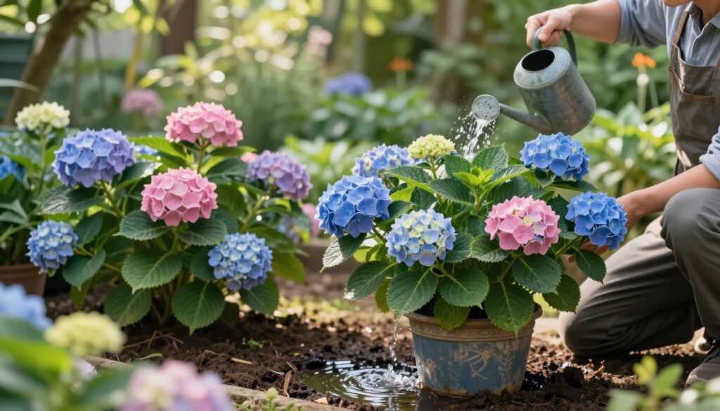 A serene garden scene focusing on a gardener gently watering a vibrant hydrangea plant in a decorative pot. In the foreground, the rich blooms of the hydrangea display various shades of blue and pink, their leaves lush and green. The gardener is dressed in modest casual clothing, kneeling beside the plant, with a watering can pouring water at the base of the flowers, creating a small ripple in the soil. In the middle ground, various other plants are slightly blurred to emphasize the hydrangea. The background features soft garden foliage under dappled sunlight, casting gentle shadows and creating a peaceful, nurturing atmosphere. The scene evokes a sense of care and attention to plant health, highlighting the importance of proper watering techniques.