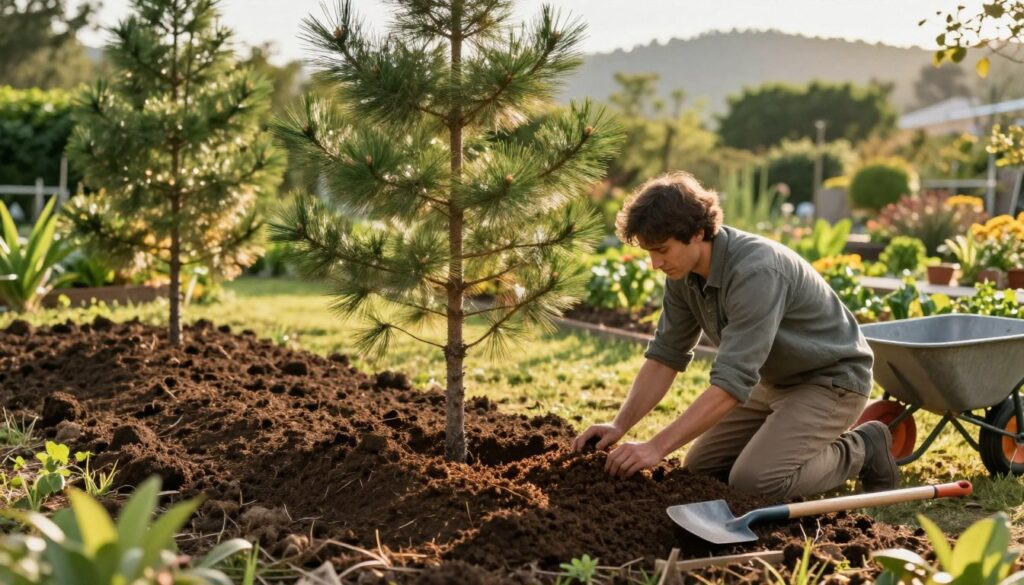 A serene garden scene focusing on soil preparation under pine trees. In the foreground, a gardener, dressed in modest casual clothing, kneels while mixing organic compost into rich, dark soil, showcasing the texture and moisture. Beside them, gardening tools like a spade and wheelbarrow are neatly arranged. In the middle ground, small pine trees tower gently, their needles casting dappled sunlight on the work area. The background features a softly blurred landscape of lush greenery and distant hills, hinting at a vibrant ecosystem. The lighting is warm and inviting, with a golden hour glow illuminating the soil, evoking a feeling of hope and growth. The atmosphere is peaceful and industrious, capturing the essence of nurturing a productive garden.