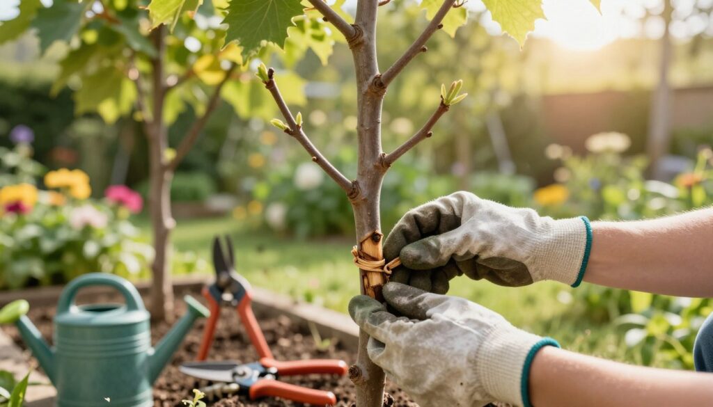 A serene garden scene focusing on the careful maintenance of newly grafted trees. In the foreground, a close-up of freshly grafted tree branches showing the union site, with signs of healing and new growth evident. A pair of hands, dressed in modest gardening gloves, gently tending to the graft, ensuring it's secure and well-cared-for. In the middle ground, various tools for pruning and nurturing surround the trees, such as pruning shears and watering cans. The background features soft sunlight filtering through a leafy canopy, creating a warm and inviting atmosphere, with vibrant green foliage and a hint of colorful flowers. The overall mood is one of nurturing and hope, emphasizing the importance of post-grafting care for healthy tree development.