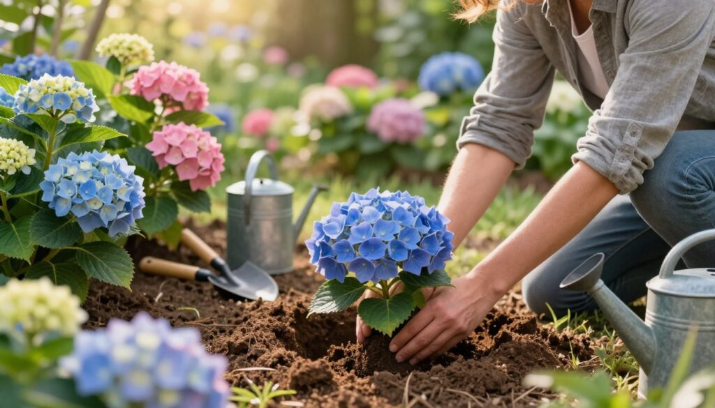 A serene garden scene focusing on the process of planting hydrangeas. In the foreground, a gardener in modest casual clothing kneels beside a freshly dug hole, carefully placing a vibrant hydrangea in the soil. Brightly colored hydrangeas in various stages of growth surround them, showcasing a range of blues, pinks, and whites. The middle ground features other gardening tools like a small trowel and watering can, hinting at the planting technique being used. In the background, lush greenery and a soft-focus effect of blooming flowers create a tranquil atmosphere. The lighting is warm and inviting, suggesting late afternoon sun, casting gentle shadows that enhance the mood of care and nurture in the garden setting.