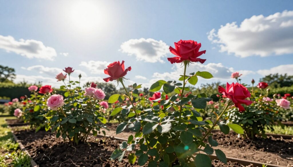 A serene garden scene showcasing a thriving rose plant in full bloom, positioned in the foreground. The roses are vibrant red and pink, symbolizing beauty and vitality. Surrounding them, lush green foliage and rich, dark soil are visible, emphasizing the importance of proper ground conditions. In the middle ground, a bright sun casts soft, warm light, illuminating the garden while gentle breezes create a slight movement in the leaves, highlighting good ventilation. The background features a clear blue sky with scattered fluffy clouds, enhancing the peaceful atmosphere. The overall mood conveys harmony and the ideal conditions for healthy growth, focusing on the elements of sunlight, air circulation, and nutrient-rich soil essential for fostering blooming roses. The perspective is slightly elevated, capturing a wide angle of this flourishing garden. A serene garden scene showcasing a thriving rose plant in full bloom, positioned in the foreground. The roses are vibrant red and pink, symbolizing beauty and vitality. Surrounding them, lush green foliage and rich, dark soil are visible, emphasizing the importance of proper ground conditions. In the middle ground, a bright sun casts soft, warm light, illuminating the garden while gentle breezes create a slight movement in the leaves, highlighting good ventilation. The background features a clear blue sky with scattered fluffy clouds, enhancing the peaceful atmosphere. The overall mood conveys harmony and the ideal conditions for healthy growth, focusing on the elements of sunlight, air circulation, and nutrient-rich soil essential for fostering blooming roses. The perspective is slightly elevated, capturing a wide angle of this flourishing garden.