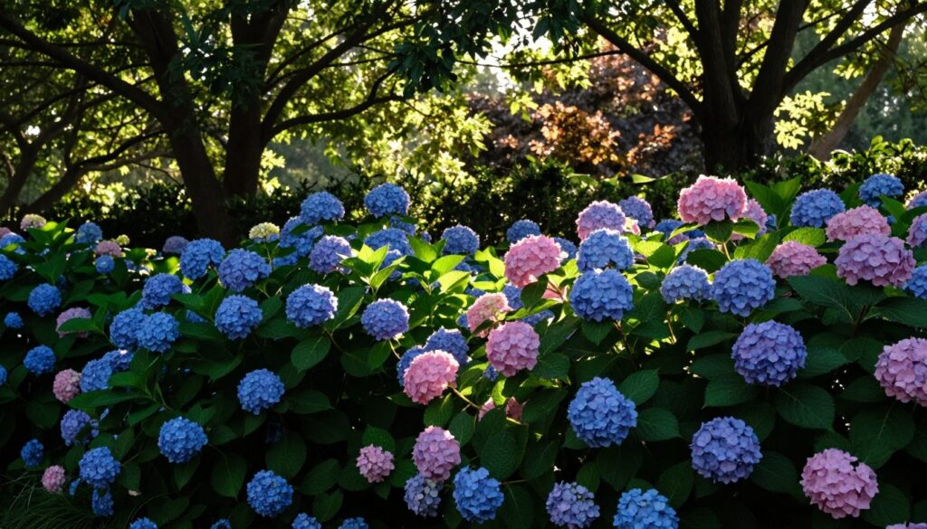 A serene garden scene showcasing lush hydrangeas in various shades of blue and pink, thriving in partial shade. In the foreground, vibrant hydrangea blooms are delicately illuminated by soft, dappled sunlight filtering through the leaves of taller trees, creating a tranquil atmosphere. The middle ground features a variety of lush green foliage surrounding the flowers, highlighting their rich colors and textures. In the background, silhouettes of overlapping trees gently frame the scene, adding depth. The lighting is soft and warm, capturing a peaceful early afternoon ambiance. The angle is slightly elevated, providing a clear view of the flowers and the interplay of light and shadow, illustrating the theme of light and shade necessary for hydrangeas.