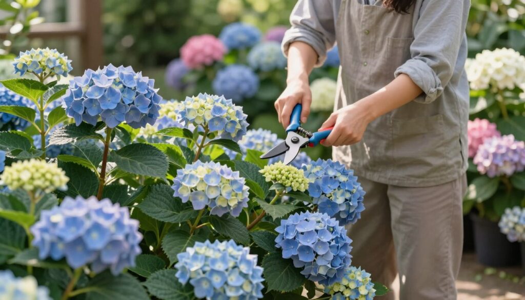 A serene garden scene showcasing the art of pruning hydrangeas, with lush flowering hydrangea plants in full bloom. In the foreground, a pair of gardening shears rests beside freshly cut hydrangea stems, revealing plump flower buds. The middle ground features a gardener, dressed in modest casual attire, carefully trimming the hydrangeas with focused intent. Soft sunlight filters through the leaves, casting gentle shadows and creating a warm, inviting atmosphere. In the background, a variety of hydrangea colors are displayed—blues, pinks, and whites—enhancing the beauty of the scene. The image captures the essence of proper hydrangea care, emphasizing the importance of cutting techniques to promote prolonged blooming.