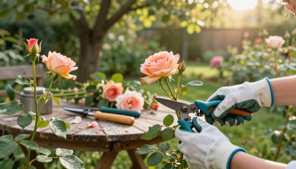 A serene garden scene showcasing the art of rose pruning, focusing on a pair of gloved hands delicately trimming rose stems with sharp shears. In the foreground, vibrant rose blooms in various stages of blossoming contrast with the lush green leaves. The middle ground features a wooden garden table cluttered with gardening tools and pruned branches. In the background, sun-dappled trees create a tranquil atmosphere, with soft sunlight filtering through leaves. The image is captured at a slightly angled view, emphasizing the detail of the pruning process. The warm, inviting colors and gentle lighting evoke a sense of calm and care, illustrating the importance of proper care for roses to encourage abundant flowering. A serene garden scene showcasing the art of rose pruning, focusing on a pair of gloved hands delicately trimming rose stems with sharp shears. In the foreground, vibrant rose blooms in various stages of blossoming contrast with the lush green leaves. The middle ground features a wooden garden table cluttered with gardening tools and pruned branches. In the background, sun-dappled trees create a tranquil atmosphere, with soft sunlight filtering through leaves. The image is captured at a slightly angled view, emphasizing the detail of the pruning process. The warm, inviting colors and gentle lighting evoke a sense of calm and care, illustrating the importance of proper care for roses to encourage abundant flowering.