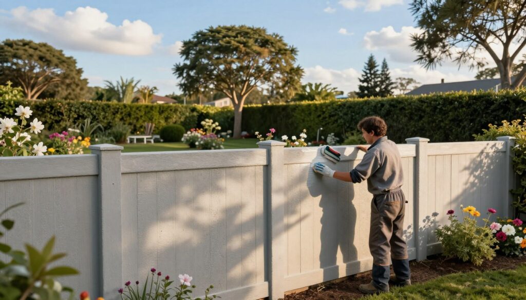A serene garden scene showcasing the maintenance of a freshly painted concrete fence. In the foreground, a person wearing modest work attire is gently scrubbing the concrete surface with a brush, focusing on details to ensure longevity of the paint. The middle ground features a well-kept garden with blossoming flowers and neat hedges, casting soft shadows on the fence. In the background, tall trees are swaying gently in a warm, golden afternoon light, adding a peaceful ambiance. The sky is a clear blue with a few fluffy white clouds, enhancing the tranquil atmosphere. The focus is sharp on the worker and the fence, creating a sense of dedication to long-term care and preservation.