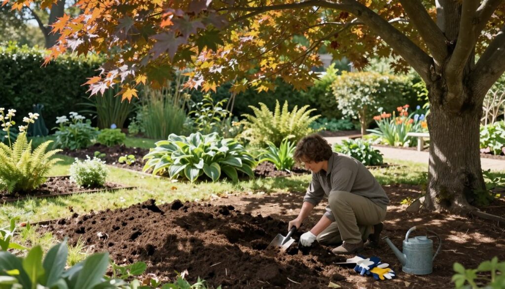 A serene garden scene under the shade of a large maple tree, focusing on the process of soil preparation. In the foreground, a gardener, dressed in modest, casual clothing, kneels down with a trowel, turning over rich, dark soil, revealing its texture. Surrounding the gardener, scattered tools like gloves and a watering can add context. The middle ground showcases various plants that thrive in shaded, dry areas, such as ferns and hostas, illustrating optimal planting companions. In the background, the dappled sunlight filters through the tree leaves, creating a warm, inviting atmosphere. Soft shadows enhance the depth and richness of the scene, captured from a slightly elevated angle to provide an expansive view of the garden's layout.