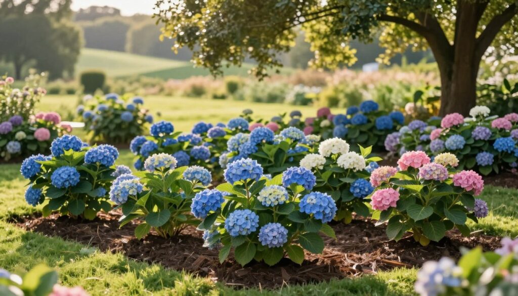 A serene garden setting showcasing properly spaced hydrangeas in full bloom, with vibrant shades of blue, pink, and white. In the foreground, a well-mulched garden bed with healthy, thriving hydrangea plants, arranged in an aesthetically pleasing pattern. The middle ground highlights the interplay of sunlight filtering through overhanging trees, casting dappled light on the flowers. In the background, a softly blurred landscape of lush green grass and gentle rolling hills, emphasizing the tranquil atmosphere. The scene is bathed in warm, golden hour light, creating an inviting and calming mood. The angle captures a slightly elevated view, allowing a full appreciation of the hydrangea arrangement and their ideal planting conditions.
