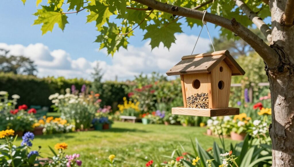 A serene garden setting, showcasing the perfect spot for a bird feeder. In the foreground, a wooden bird feeder hangs from a sturdy tree branch, intricately carved and filled with seeds, inviting birds. Lush grass and vibrant flowers in various colors create a lively middle ground, while a clear blue sky with soft, fluffy clouds forms the backdrop. Gentle sunlight filters through the leaves, casting dappled shadows on the ground, enhancing the peaceful atmosphere. The composition should capture the essence of a safe and attractive location for the bird feeder, emphasizing harmony with nature. The image should evoke a sense of tranquility and joy, ideal for illustrating the importance of choosing the right location for bird feeders in gardens.