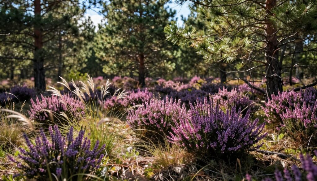 A serene heather landscape under tall pines, with vibrant purple and pink bloom clusters of heather spreading across the forest floor. Delicate ornamental grasses sway gently in the foreground, shimmering in the dappled sunlight filtering through the pine tree canopy. The background features a forest setting with soft green pine needles and a clear blue sky peeking through the branches. Light filters through, casting interesting shadows on the ground, creating a warm and inviting atmosphere. Capture this scene with a shallow depth of field, focusing on the heather's lush colors and textures, while gently blurring the distant trees for a dreamy effect, evoking a tranquil and natural ambiance.