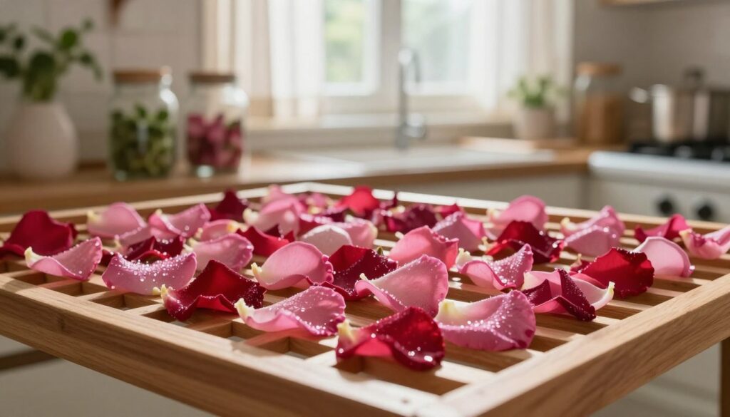 A serene kitchen scene featuring vibrant rose petals spread out on a wooden drying rack. In the foreground, the petals showcase various shades of pink and red, glistening slightly as if touched by morning dew. The middle ground captures a cozy, sunlit kitchen with herbs and glass jars, suggesting an atmosphere of careful preservation and culinary creativity. The background reveals a window with soft light filtering through sheer curtains, casting gentle shadows. The overall mood is tranquil and homey, evoking a sense of nostalgia and appreciation for natural ingredients. The composition is warm and inviting, focusing on the beauty of rose petals in the drying process, highlighting the art of preserving their fragrance and flavor.