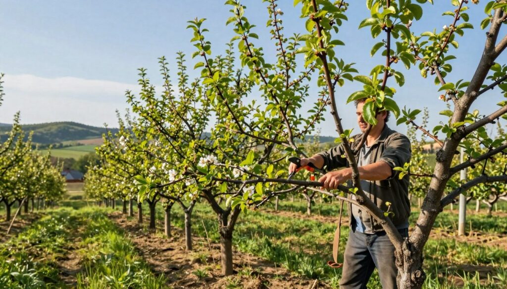 A serene orchard scene depicting the pruning process of plum trees in a Polish landscape. In the foreground, a skilled gardener, dressed in modest casual attire, trims the branches of a healthy plum tree, using sharp pruning shears. The middle ground features several other plum trees at various stages of growth, showcasing vibrant green leaves and a few blossoms. In the background, rolling hills under a clear blue sky create a tranquil setting, with gentle sunlight casting soft shadows. The atmosphere conveys a sense of calm and focus, illustrating the importance of proper timing for tree care. Emphasize natural lighting that highlights the gardener’s careful movements and the lush surroundings.