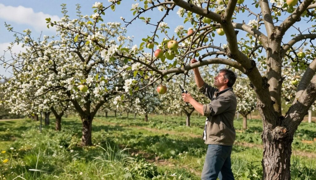 A serene orchard scene during early spring, with aged apple trees showcasing their gnarled branches. In the foreground, a gardener in modest casual clothing carefully examines the branch of a tree, holding pruning shears, focused on making precise cuts without damaging the tree. The middle ground features various apple trees, some in bloom, while others display ripe apples, symbolizing the importance of timing in pruning. The background includes a clear blue sky with soft, diffused sunlight filtering through the branches, casting gentle shadows on the lush green grass. The overall mood is calm and insightful, highlighting the care and knowledge required to rejuvenate old apple trees without shock.