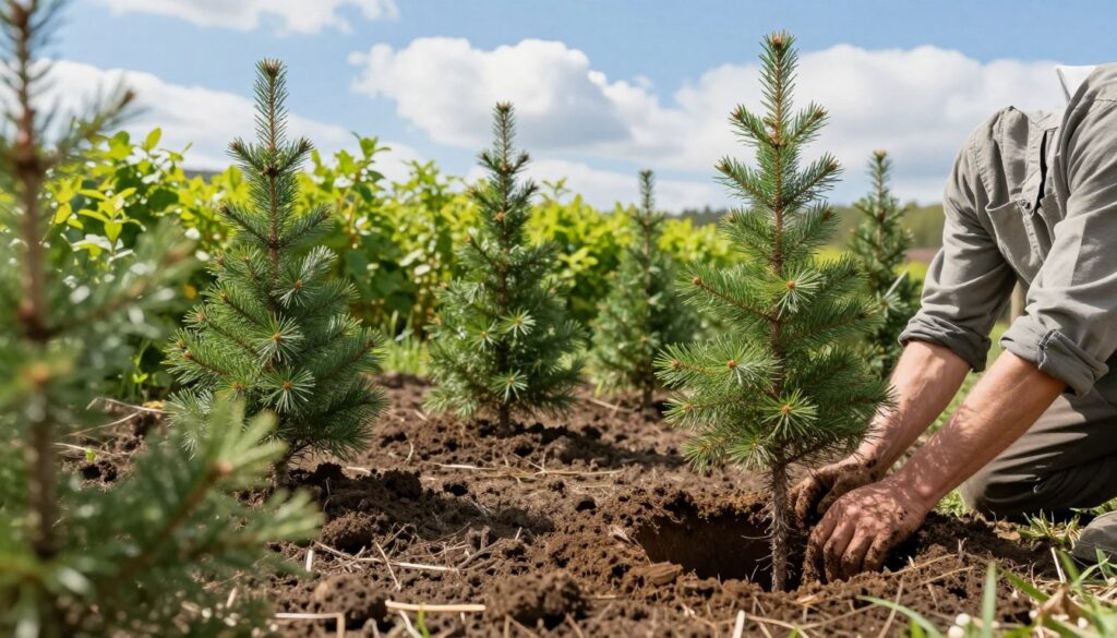 A serene outdoor scene depicting the technique of planting spruce trees, with a focus on step-by-step procedures. In the foreground, a close-up of a gardener in modest casual clothing kneeling down, carefully digging a hole in rich, dark soil, with an emphasis on the depth of the hole. Surrounding this, several young spruce saplings are arranged neatly in rows, demonstrating the ideal planting distance for a dense hedge. In the middle ground, bright green leaves of established bushes provide a lush backdrop, while the background features a sunny landscape with a clear blue sky and a few puffy white clouds, creating a tranquil atmosphere. Soft, natural lighting enhances the vivid colors of the plants, with an emphasis on the textures of the soil and foliage.