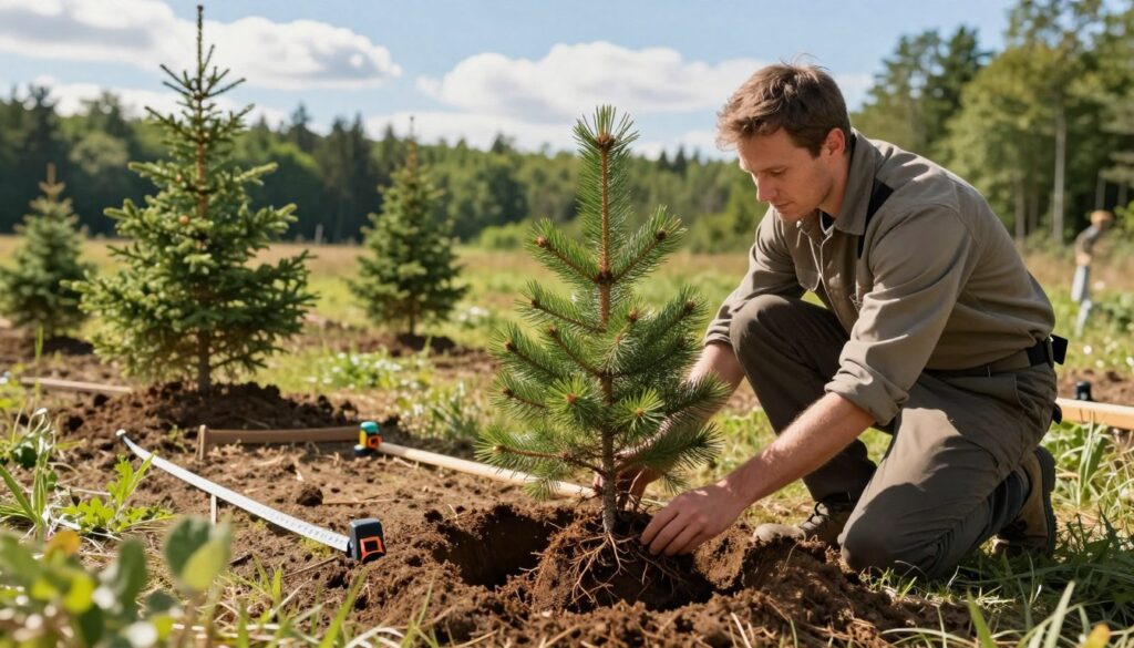 A serene outdoor scene focused on planting fir trees, showcasing a gardener in professional attire, kneeling beside a freshly dug planting hole. In the foreground, the gardener examines the roots of a young fir tree, ensuring they are spread out correctly. The mid-ground features a well-defined hole, with loose soil and a measuring tape indicating the proper depth. In the background, an expansive landscape of lush green forest under a bright blue sky with soft white clouds. The lighting is warm and natural, suggesting a sunny day, with shadows cast gently to add depth. The overall mood is tranquil and educational, highlighting the care and precision involved in planting trees. A serene outdoor scene focused on planting fir trees, showcasing a gardener in professional attire, kneeling beside a freshly dug planting hole. In the foreground, the gardener examines the roots of a young fir tree, ensuring they are spread out correctly. The mid-ground features a well-defined hole, with loose soil and a measuring tape indicating the proper depth. In the background, an expansive landscape of lush green forest under a bright blue sky with soft white clouds. The lighting is warm and natural, suggesting a sunny day, with shadows cast gently to add depth. The overall mood is tranquil and educational, highlighting the care and precision involved in planting trees.