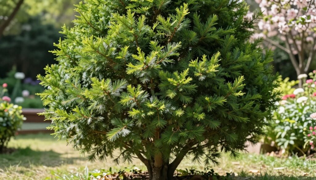 A serene outdoor scene showcasing a well-pruned larch tree crown, emphasizing its compact and aesthetic shape. In the foreground, the tree is presented with vibrant green needles, arranged in a balanced and harmonious manner. Gentle sunlight filters through the leaves, casting dappled shadows on the ground. In the middle background, there are hints of a tranquil garden setting, featuring soft, blurred greenery and blooming flowers that complement the tree’s elegant form. The atmosphere is calm and inviting, ideal for showcasing proper tree care techniques. Capture this scene with a slightly elevated angle, employing a soft-focus lens to enhance the beauty of the larch crown against the peaceful garden backdrop.