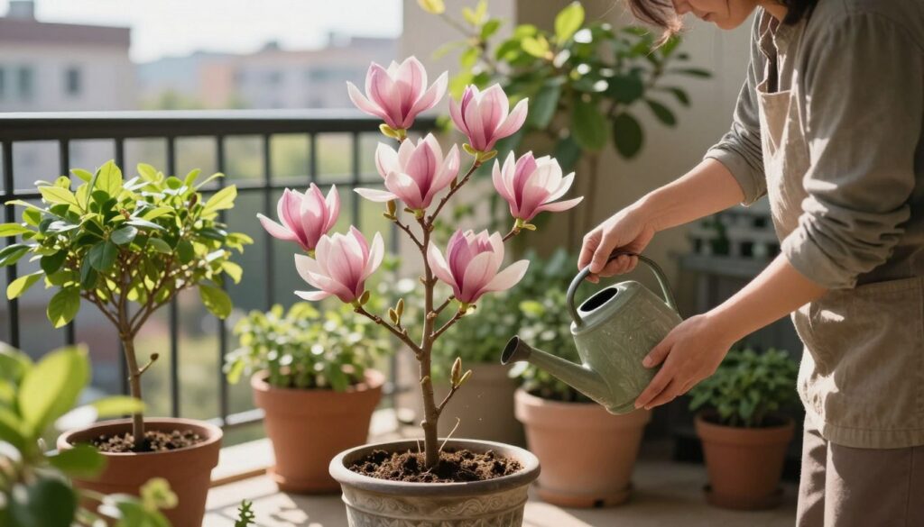 A serene scene of nurturing magnolias in a balcony garden setting. In the foreground, a gardener, dressed in modest casual attire, is gently watering a compact magnolia in a decorative pot. The magnolia's petals are vibrant pink and white, showcasing its delicate beauty. In the middle ground, additional potted magnolias in various sizes display lush green foliage under the dappled sunlight. The background features a soft blur of a cityscape, hinting at urban living. The lighting is warm and inviting, with the sun casting gentle shadows. The atmosphere is tranquil, capturing the essence of spring care for these magnificent plants from March to summer, encouraging growth and vitality. A serene scene of nurturing magnolias in a balcony garden setting. In the foreground, a gardener, dressed in modest casual attire, is gently watering a compact magnolia in a decorative pot. The magnolia's petals are vibrant pink and white, showcasing its delicate beauty. In the middle ground, additional potted magnolias in various sizes display lush green foliage under the dappled sunlight. The background features a soft blur of a cityscape, hinting at urban living. The lighting is warm and inviting, with the sun casting gentle shadows. The atmosphere is tranquil, capturing the essence of spring care for these magnificent plants from March to summer, encouraging growth and vitality.